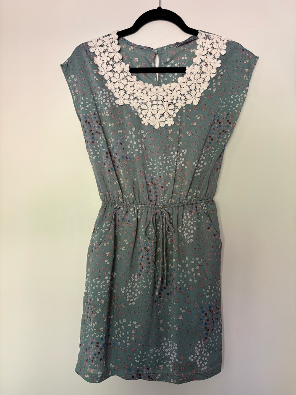 Peppermint Sage Green Floral Dress with White Lace Collar